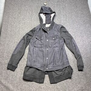 Free People Layered Slub Utility Jacket Dark Gray Hood Zip Snaps Cotton Small